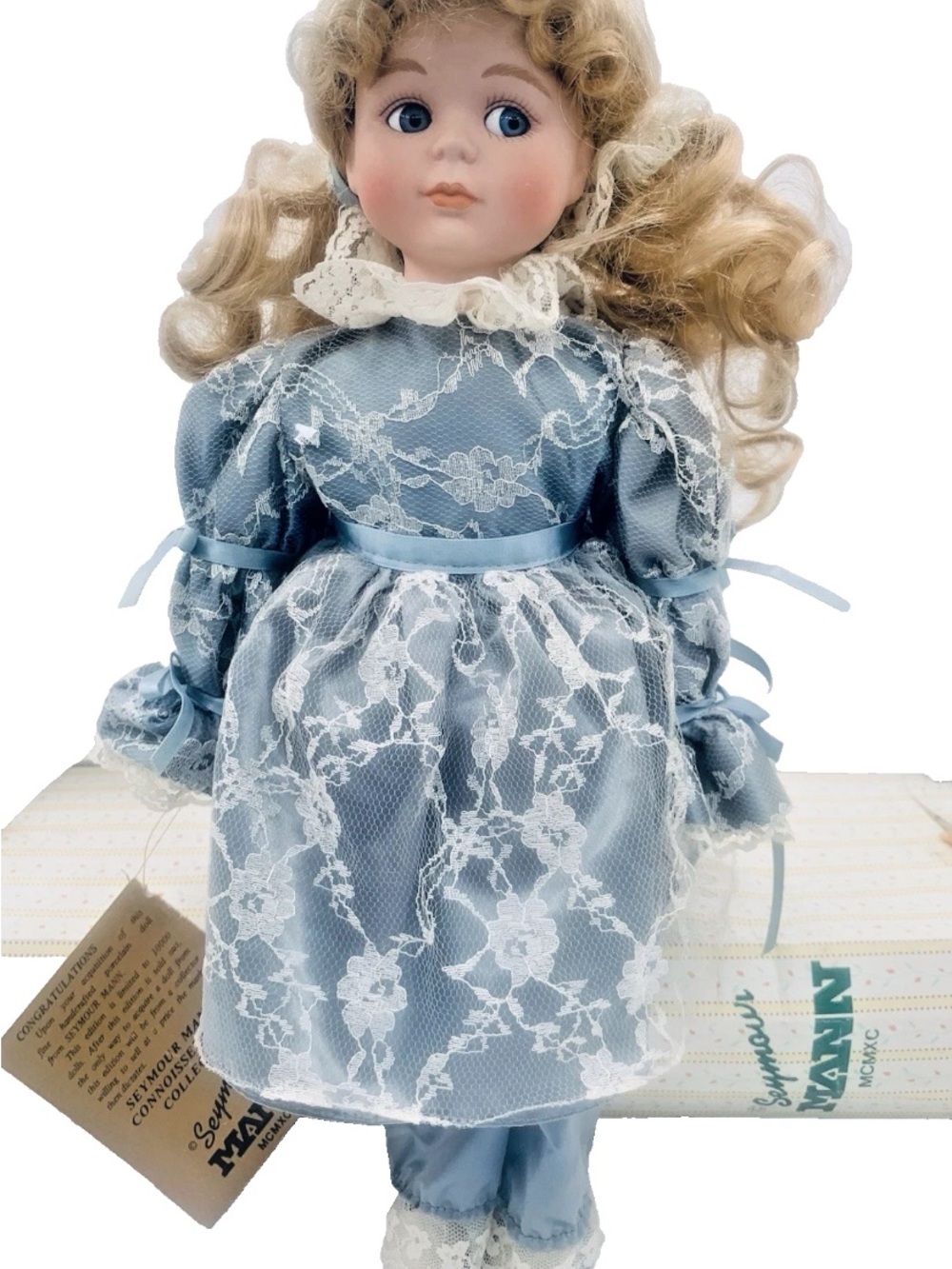 Seymour Mann Amanda Victorian Blue Lace Blond Hair Blue Eyes Porcelain Doll 16"
